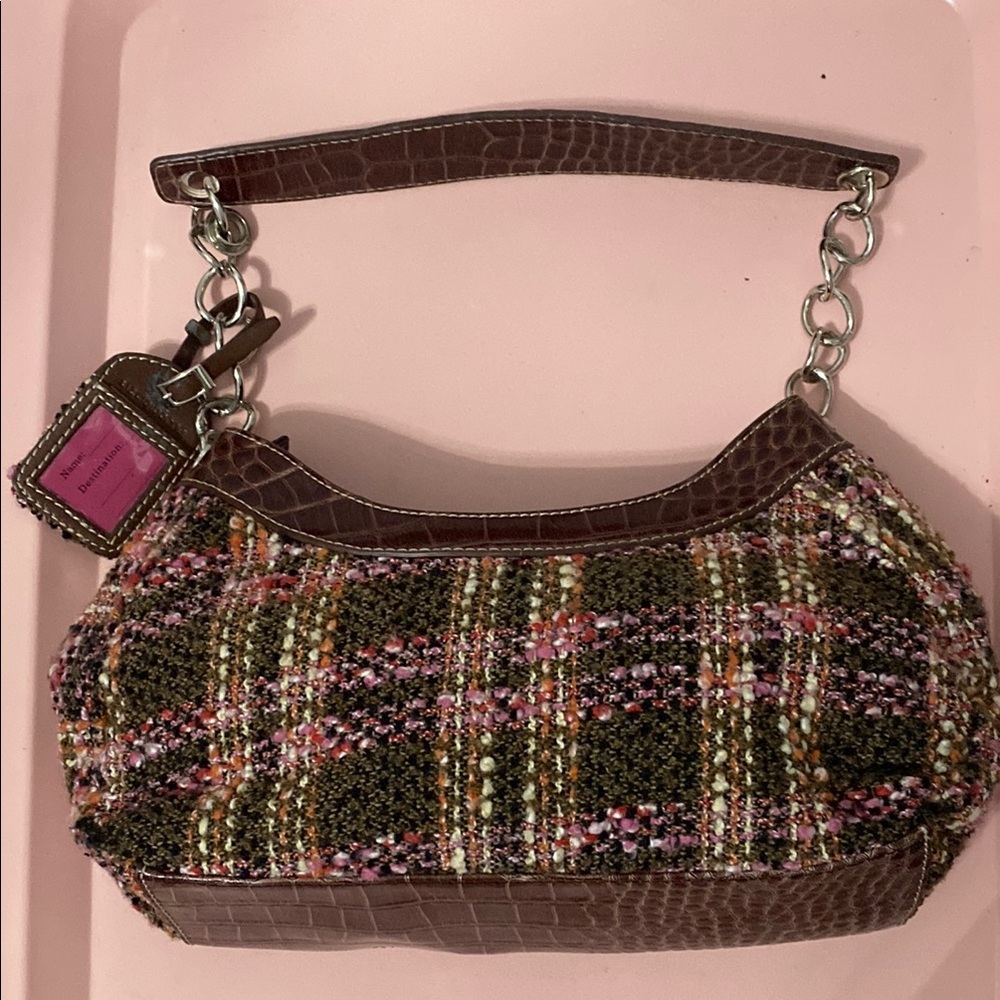 Liz Claiborne Y2K Brown Tweed Shoulder Bag with Pink Trim - Picture 3 of 3